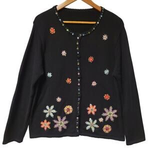 Black Cardigan Multicolor Embroidered Snowflakes Beaded & Sequined Neckline- L